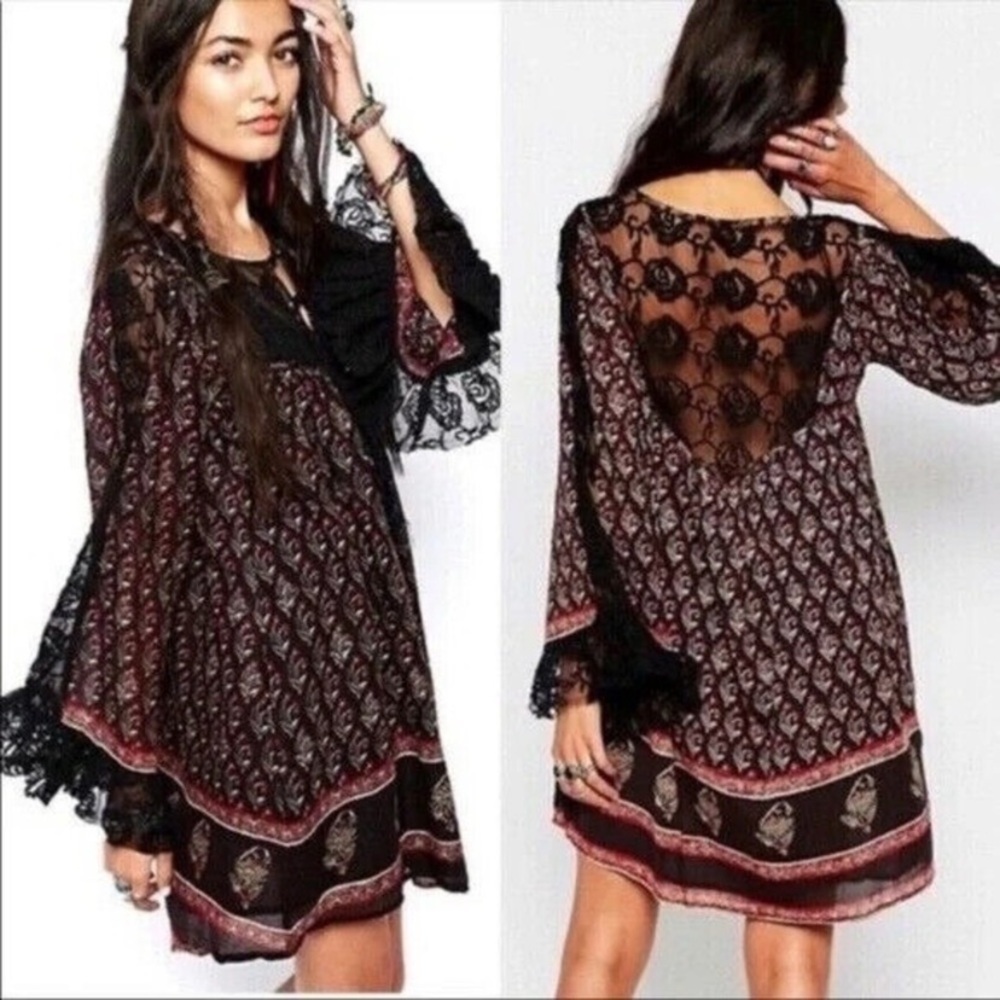Free People Black and Red Long Sleeve Dress